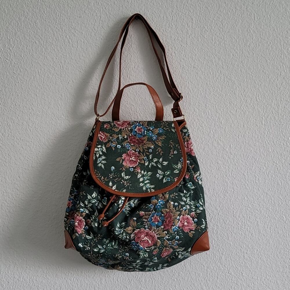 FLORAL Purse Boho Hippie Shoulder Style Adjustable Strap Size Large Dark Green